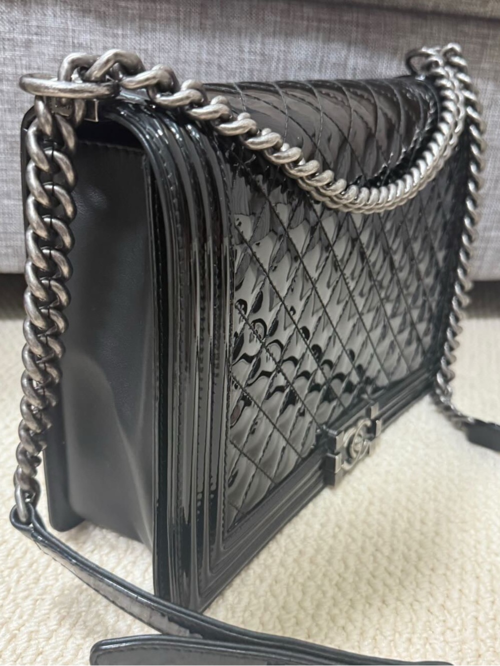Black Quilted Patent Leather Large Boy Bag Ruthenium Hardware, 2012-2013
